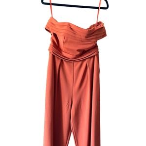 Here Comes The Sun Orange Strapless Crop‎ Jumpsuit Wide Leg Pockets L